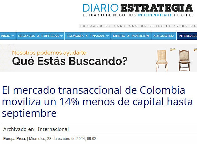 El mercado transaccional de Colombia moviliza un 14% menos de capital hasta septiembre